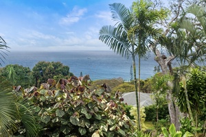 Scenic ocean overlook framed by lush palms and tropical foliage, showcasing the property's coastal location and surrounding natural beauty.
