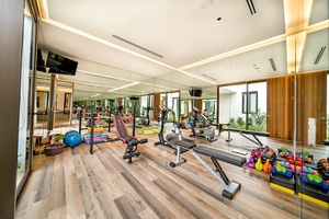 Fully equipped gym, featuring modern exercise machines and wall-to-wall mirrors.