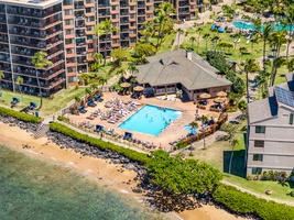 Aerial view of the shorefront pool at Kaanapali Shores with direct beach access.