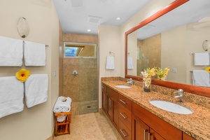 Spacious vanity area with dual sink