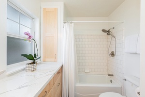 Bright bathroom with a single sink, tub, and ample counter space.
