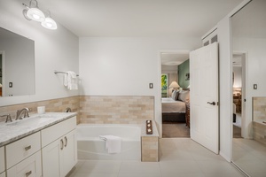 Modern primary bathroom with elegant fixtures and a deep soaking tub for a spa-like experience.