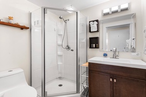 Step into your pristinely renovated bathroom featuring a spacious walk-in shower, modern vanity, and thoughtfully placed amenities for your comfort.
