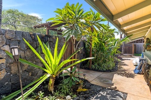 Tropical plantings and stonework create a warm island welcome.