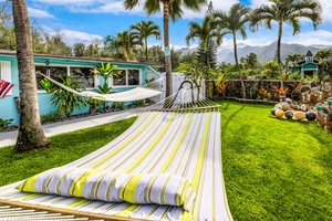 Afternoons disappear in the hammock, palms overhead and the lawn sloping to the water.