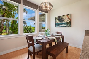 Dining area for six with garden views and contemporary island-inspired décor
