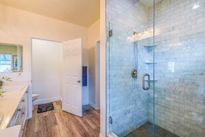 The en suite bathroom's  walk-in shower across the sink.