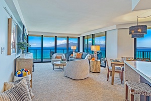 Enjoy the open layout at Kaanapali Shores 702 with floor-to-ceiling windows and panoramic ocean views.