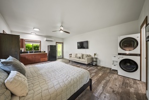 Wide view of the studio’s combined bedroom and living space—spacious and self-contained.