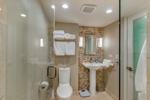 The ensuite in Mahana 1119 features a sleek single vanity and a separate walk-in shower with modern finishes.