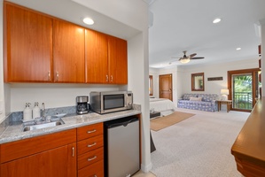A thoughtfully designed kitchenette adds comfort and convenience for extended island stays.
