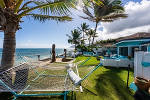Relaxing outdoor space with a hammock, palm trees, and sweeping Pacific views.