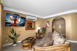 Cozy living room with island decor and Queen sleeper sofa