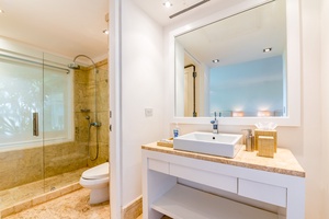 Ensuite bathroom with contemporary fixtures and convenient walk-in shower for a refreshing experience.