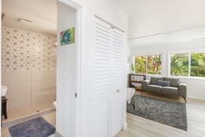 Downstairs shared bathroom features a walk-in shower with modern tile and natural light.
