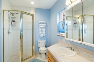 Refresh in your bright, well-appointed bathroom featuring a spacious walk-in shower and thoughtful amenities for your comfort.