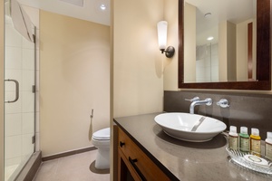 Step into your elegant bathroom featuring a sleek vessel sink, spacious walk-in shower, and modern amenities to refresh after your day.