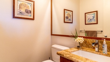 The half bath guest bathroom with framed art.