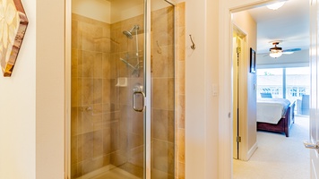 The primary guest bathroom with a walk-in shower.