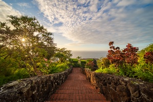 A scenic brick pathway winds through lush tropical gardens toward ocean views, creating a tranquil entrance experience.