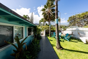 Tropical pathway lined with palms and vibrant greenery leading toward the ocean.