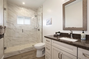 Guest bathroom 1 featuring elegant marble finishes, a walk-in shower, and a sleek vanity.