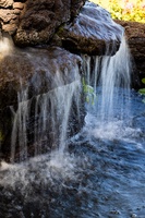 A hidden waterfall cascades over lava rock, evoking a sense of calm and renewal.