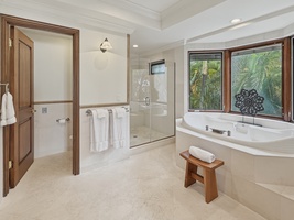 Your private spa sanctuary awaits with a soaking tub and rain shower, overlooking lush tropical palms through elegant windows.