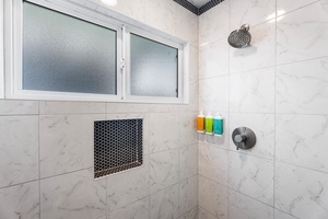 Bright, modern walk-in shower with rainfall head and natural light.