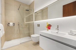 Elegant guest bathroom with modern fixtures and a spacious walk-in shower.