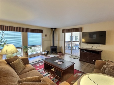 Living area with access to private deck, wood stove and TV