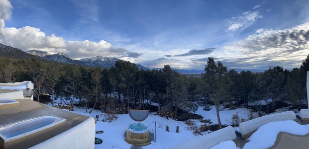 Scenic panorama and hot tub from the upstairs deck