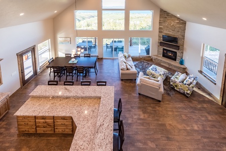 Shundahai Lodge-View of kitchen and great room from upstairs (Main Floor East)