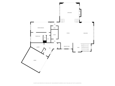 Floor plan displaying the property's multi-level layout with primary bedroom suite, full kitchen, dining area, living room, garage, laundry, and additional spaces.