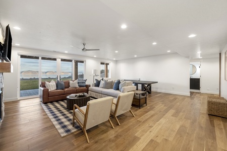 Black Timber Lodge=Basement Family Room with entrance to Hot Tub