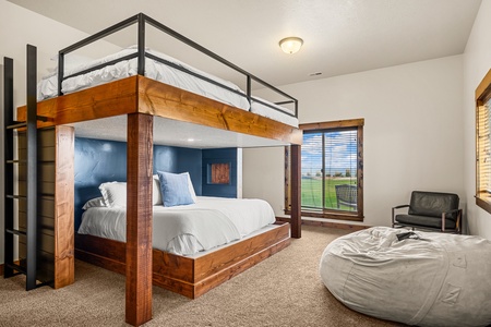 Unwind in your custom-built bunk space, where rustic wood warmth meets modern design. Crisp linens invite restful nights, while the private seating nook and soft carpeting let you relax and recharge in style.