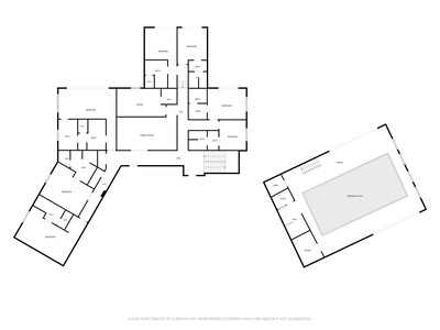 This detailed floor plan shows the full layout with multiple bedrooms, bathrooms, living spaces, and a private swimming pool—perfect for groups or families.