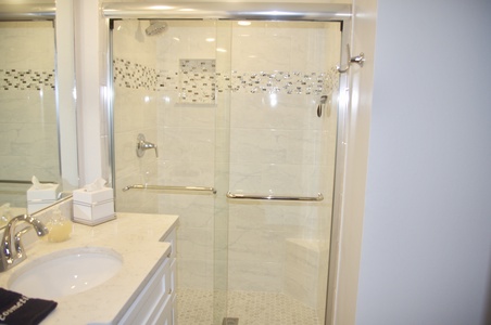 Guest bath has a shower and oversized vanity.