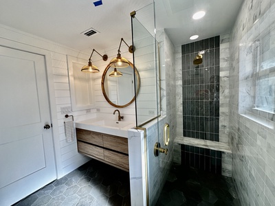 Floating vanity, custom shower.