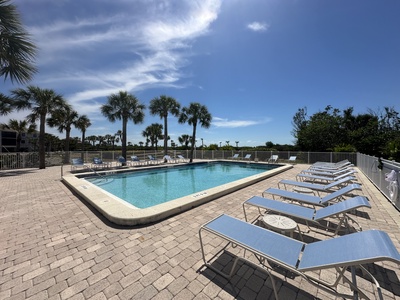 The pool is heated in the winter and there is ample seating.