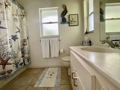 The bathroom has an oversized single vanity and a tub/shower combination.