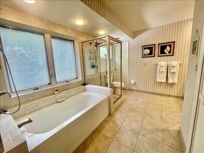 The bathroom has a soaking tub, shower, dual vanities and walk-in closet.