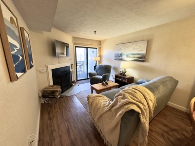 Living room with wood fireplace