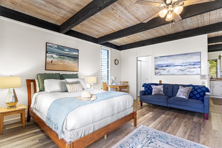 Open living space with sleeper sofa and queen bed