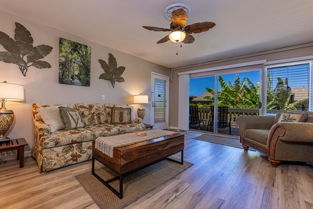 Spacious living room with a comfy sofa sleeper for extra guests.