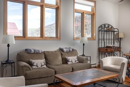 Spacious living room with high ceilings and views to the west
