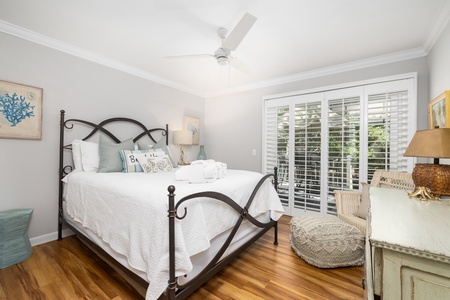 Your quiet queen room has private access to your porch