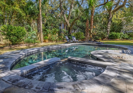 Soak in the bubbling hot tub while the pool beckons beyond, all nestled in your private tropical paradise with swaying palms overhead.