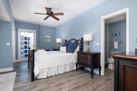 Your queen bedroom faces the ocean and has direct access to the deck