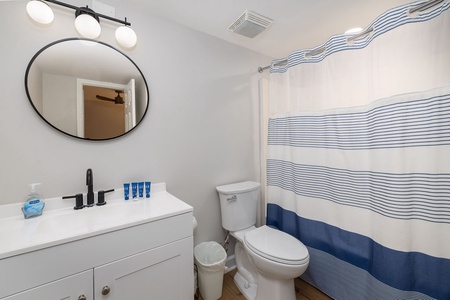 Fresh up in your bright, modern bathroom with stylish vanity lighting and nautical-inspired shower curtain.